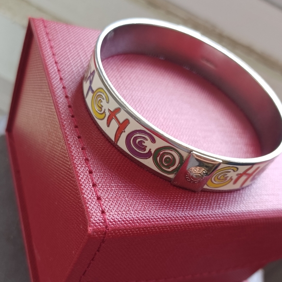 Coach vintage stamped fun multicolor enamel silver thick bangle bracelet & box - Picture 3 of 15